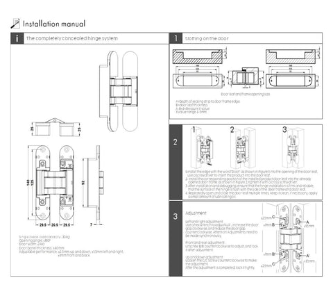 Installation guide for Hidden Door Hinges Adjustable Concealed Butt Hinge No Drama Invisible Cabinet Door Hardware One Piece Durable Steel
