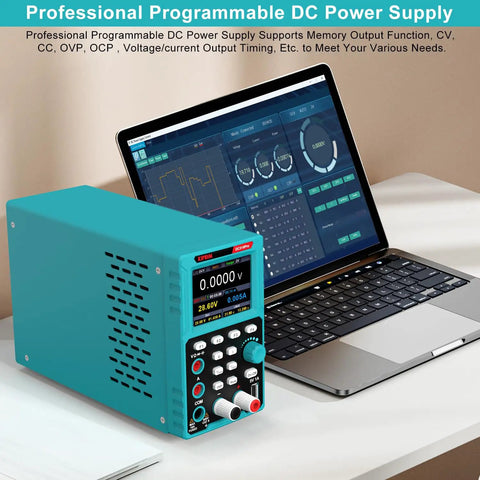 2 In 1 Programmable Power Supply And Multimeter With Data Memory And USB Charging For Electronics Hobbyists next to laptop
