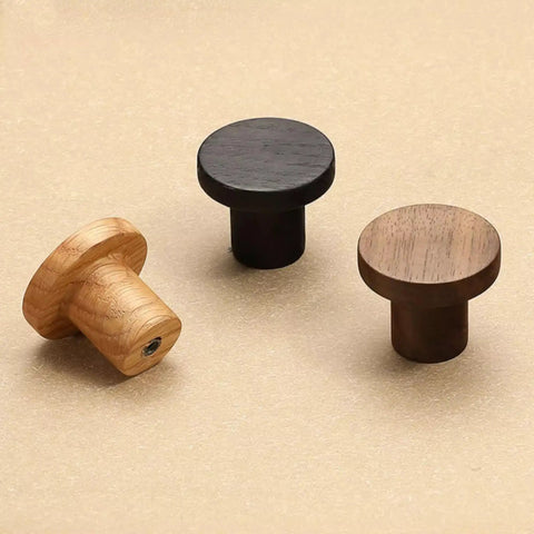 Built Tough Solid White Oak Wood Drawer Knobs For Kitchen Cabinets And Bedroom Dressers Featuring A Modern Single Hole Mount. Three knob styles on surface.