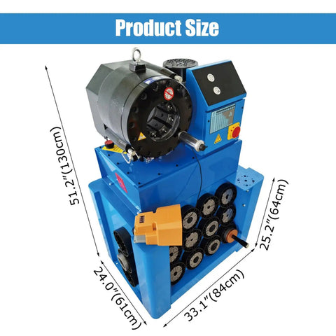 Heavy Duty Vertical Electric Hydraulic Hose Crimping Machine With Rock Solid Alloy Steel Dies And Pro Grade Three Phase Motor For Industrial Rubber Fitting Work A Smooth Operator Design product size dimensions shown from side angle.