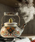 Floral Enamel Tea Kettle With Ceramic Handle Two And A Half Liter Capacity Vintage Gold Beige Boho Porcelain Teapot For Stovetop Tea Or Coffee