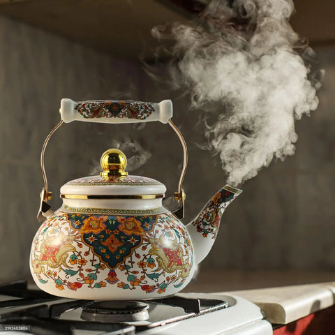 Floral Enamel Tea Kettle With Ceramic Handle Two And A Half Liter Capacity Vintage Gold Beige Boho Porcelain Teapot For Stovetop Tea Or Coffee