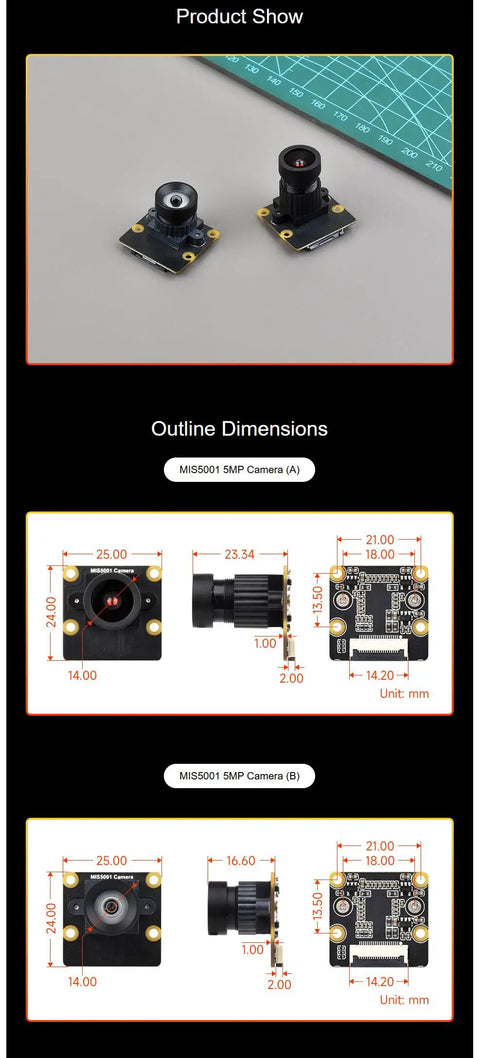 5MP Wide Angle Camera Module With High Sensitivity And Low Dark Current For Top Notch Low Light Imaging, two versions shown with dimensions for IoT, Robotics, And Machine Vision.