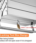 Close-up of Cantilever Tool Box With Folding Clamshell Design, Pro Grade Stainless Steel Grab And Go Portable Storage Carrier, lock not included.