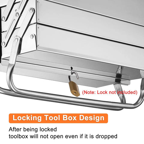Close-up of Cantilever Tool Box With Folding Clamshell Design, Pro Grade Stainless Steel Grab And Go Portable Storage Carrier, lock not included.