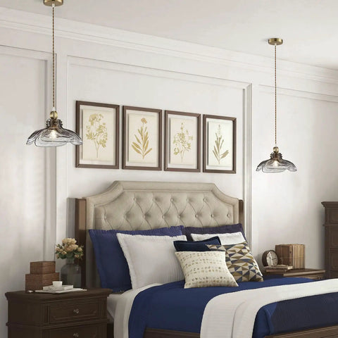 Bedroom with Grey Glass Pendant Light Fixture 12.99 Inch Diameter Vintage Farmhouse Hanging Light showcasing warm glow.