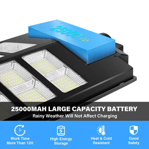 600W Solar Street Light With Motion Sensor Dusk To Dawn 6500K Daylight White Flood Lighting featuring large 25000mAh battery