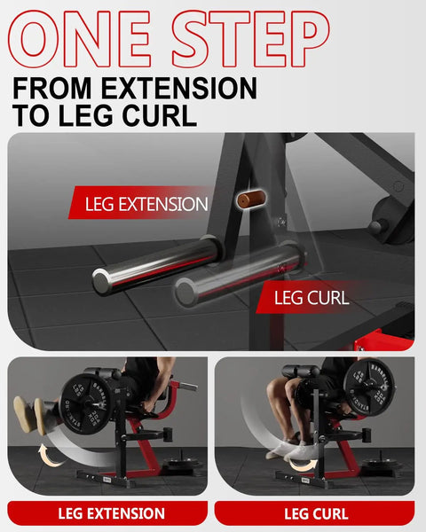 Beast Mode Lower Body Leg Extension And Curl Machine with Glute Bridge, adjustable for gym workouts with removable pin in black.