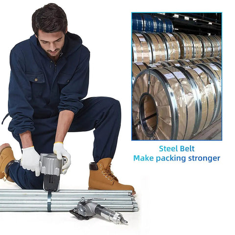 DFEDHF Pneumatic Steel Strapping Machine For 1.25 Inch Metal Belt, Heavy Duty Split Banding Tool used on steel rods.