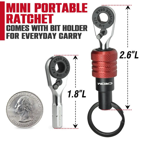 EDC Mini Ratchet Wrench With One Quarter Inch Hex End And Bit Holder For Quick Bit Changes next to quarter for size.