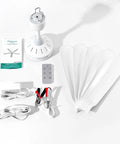 Portable 28 Inch Ceiling Fan With Remote For Indoor And Outdoor Use White Quiet Plug In Gazebo Tent RV Dorm Garage Small Room No Light 110V Or 12V DC Power Options No Fuss Setup, components shown including five white blades, remote, and wires for setup.