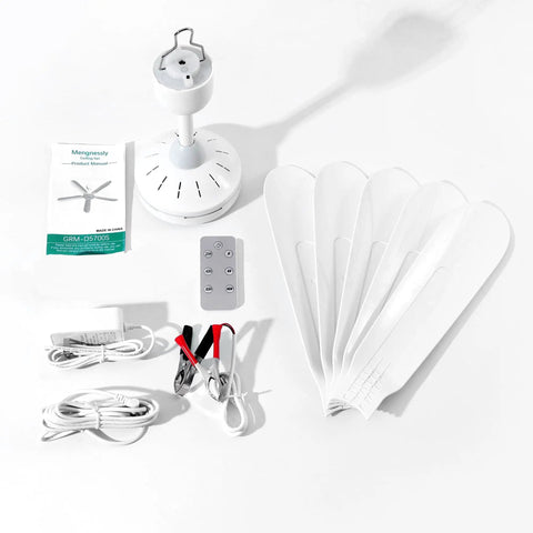 Portable 28 Inch Ceiling Fan With Remote For Indoor And Outdoor Use White Quiet Plug In Gazebo Tent RV Dorm Garage Small Room No Light 110V Or 12V DC Power Options No Fuss Setup, components shown including five white blades, remote, and wires for setup.