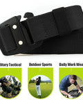 Mens Tactical Belt With Elastic Stretch Strap And Quick Release Metal Buckle displayed with uses for military, sports, work