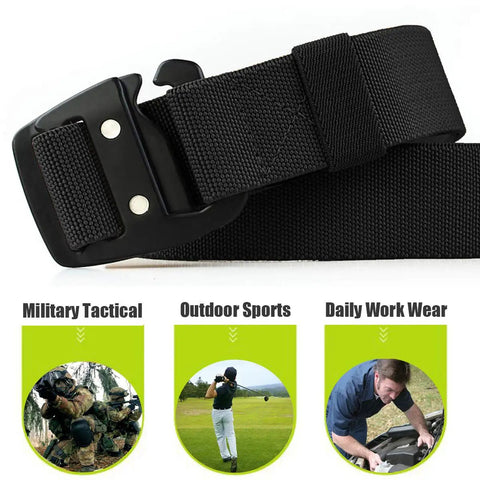 Mens Tactical Belt With Elastic Stretch Strap And Quick Release Metal Buckle displayed with uses for military, sports, work
