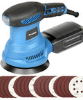 Beefy 4.9 Inch Random Orbital Sander Corded Power Tool With Full 20 Piece Sandpaper Roll Kit showing blue sander and sandpaper discs.