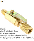 Air Conditioning Ball Valve One Quarter Inch SAE Adapter Straight Shut Off For HVAC Service Tools Fits R134a R22 R12 R410A Refrigerants Handy Manual Valve For Car Maintenance, brass construction, side view