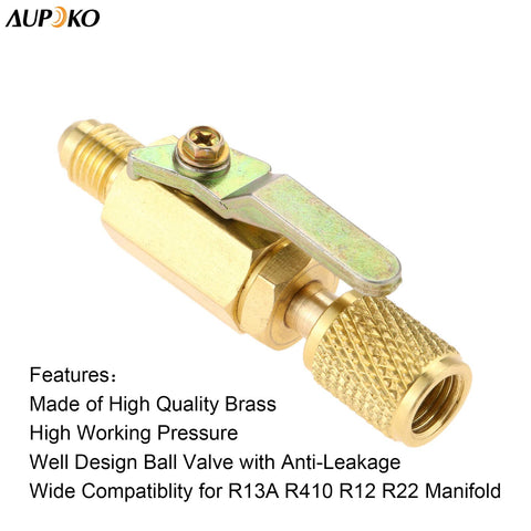 Air Conditioning Ball Valve One Quarter Inch SAE Adapter Straight Shut Off For HVAC Service Tools Fits R134a R22 R12 R410A Refrigerants Handy Manual Valve For Car Maintenance, brass construction, side view