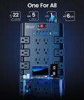 Front view of Beefed-Up 28-In-One Power Strip With 22 Outlets And 6 USB Ports, 1875W Surge Protector, black, with devices plugged in.