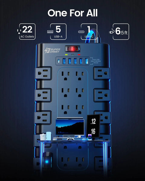 Front view of Beefed-Up 28-In-One Power Strip With 22 Outlets And 6 USB Ports, 1875W Surge Protector, black, with devices plugged in.
