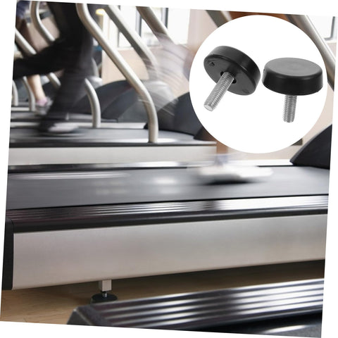 Four Piece Adjustable Treadmill Levelers With Non Slip Swivel Base and Universal Mounting Bolts under a treadmill, stabilizing on a gym floor.