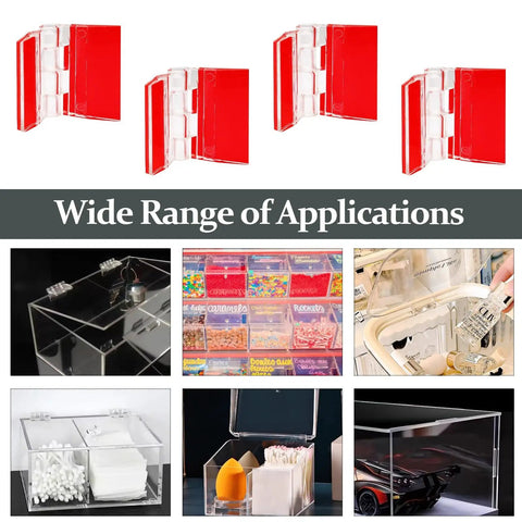 Clear Self Adhesive Acrylic Hinge Set 20 Pieces 35x25mm Peel And Stick shown with various applications like storage and crafts.