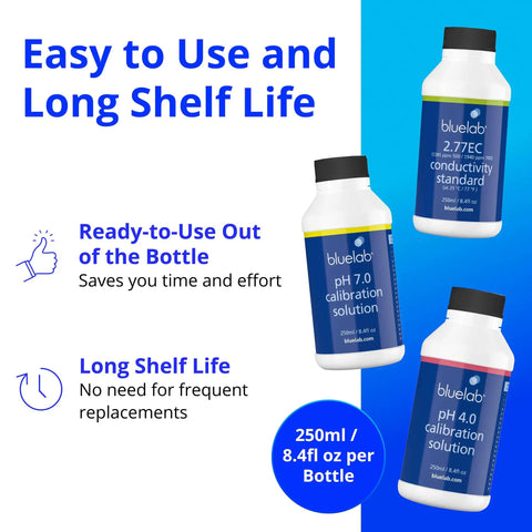Calibration Solution Set For pH And EC Meters With pH 4.0, pH 7.0, And 2.77 EC Solutions 250 Ml Pack For Hydroponics Growers, three 250ml bottles