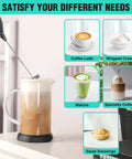 Rechargeable Milk Frother Wand Handheld Electric Foam Maker With USB C Power Detachable Stainless Steel Whisk. Image shows frother making foam.