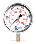 Glycerin Filled Pressure Gauge Pro Grade 10000 PSI Four Inch Dial One Quarter NPT Lower Mount 304 Stainless Steel Case Brass Wetted Parts Dual Scale PSI Bar ASME B40.1 Grade A Accuracy Liquid Dampening For Steady Readings, front view