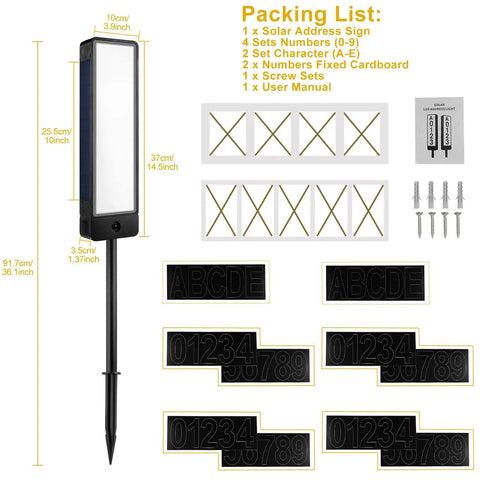 Solar Powered Address Sign For Yard With Vertical LED House Numbers IP65 Waterproof Outdoor Plaque with accessories and dimensions.