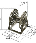 Heavy Duty Garden Hose Reel With Wall And Floor Mount Decorative Hose Holder and Winder, steel, dimensions shown, decorative details
