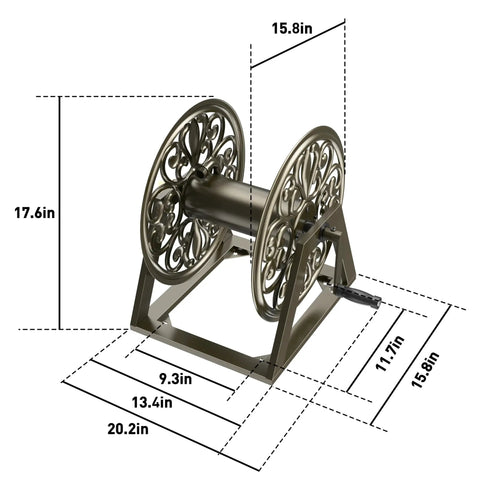 Heavy Duty Garden Hose Reel With Wall And Floor Mount Decorative Hose Holder and Winder, steel, dimensions shown, decorative details