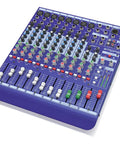12 Channel Analog Live And Studio Mixer With High Quality Mic Preamps, 3 Band EQ On Mono Channels With Swept Mid, Aux Sends visible.