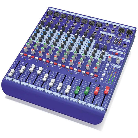 12 Channel Analog Live And Studio Mixer With High Quality Mic Preamps, 3 Band EQ On Mono Channels With Swept Mid, Aux Sends visible.