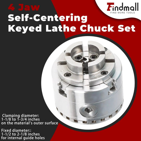 Wood Lathe Chuck Set 2-3/4 Inch Four Jaw Self-Centering Keyed Lathe Chuck With 1 Inch 8 TPI Thread Internal And External Jaws Close-Up