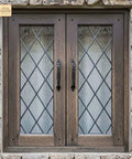 Mystic Colonial Rustic Cast Iron Barn Door Handles Set Of 2 In Black Finish on wooden framed window with diamond panes