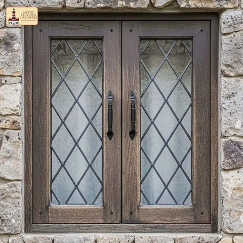 Mystic Colonial Rustic Cast Iron Barn Door Handles Set Of 2 In Black Finish on wooden framed window with diamond panes