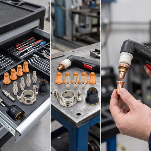 Tough As Nails 12 Piece Plasma Torch Parts Kit with copper nozzles and electrodes on a workbench.
