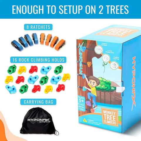 Big Grip Tree Climbing Kit For Kids With 16 Jumbo Holds And 8 Ratchets showing holds, ratchets, and carry bag