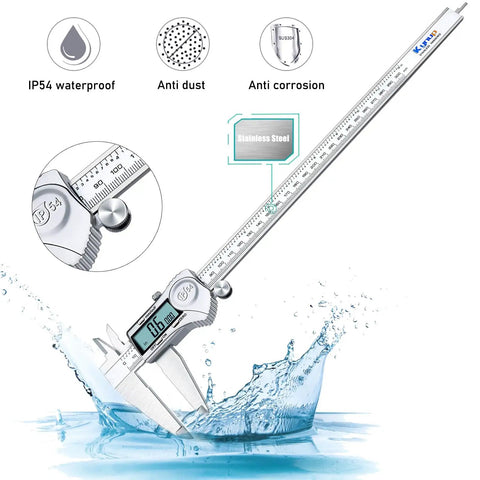 12 Inch Digital Caliper With Stainless Steel Body And IP54 Splash Proof Protection, Large LCD Display immersed in water splash