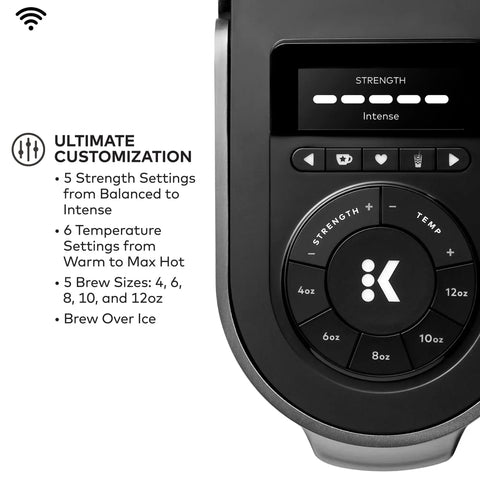 Smart No Fuss Coffee Maker With BrewID And MultiStream Technology control panel, showing strength and temperature settings.