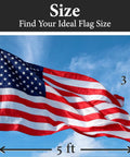 Rugged Outdoor American Flag 3x5 Foot Made In USA From 100 Percent Polyester Built To Last With Sewn Stripes And Embroidered Stars FMAA Certified Weatherproof Yard Flag For Outside Display, shown against blue sky, flag dimensions labeled as 3 feet by 5 feet, illustrating size