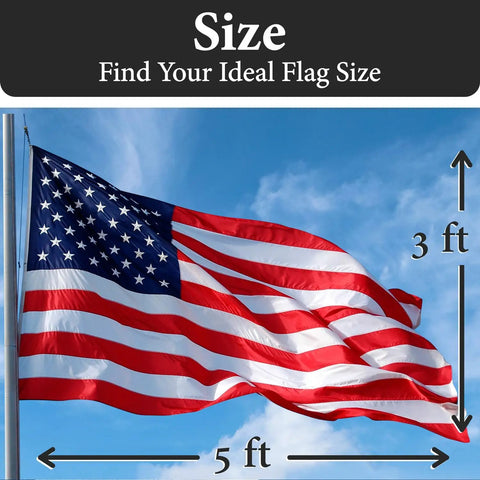Rugged Outdoor American Flag 3x5 Foot Made In USA From 100 Percent Polyester Built To Last With Sewn Stripes And Embroidered Stars FMAA Certified Weatherproof Yard Flag For Outside Display, shown against blue sky, flag dimensions labeled as 3 feet by 5 feet, illustrating size