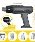 Heavy Duty 1850W Heat Gun With Dual Temperature Settings, image showing heat gun dimensions and four nozzles with cable