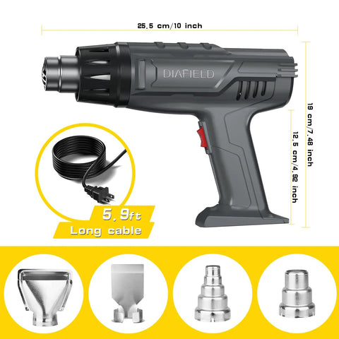 Heavy Duty 1850W Heat Gun With Dual Temperature Settings, image showing heat gun dimensions and four nozzles with cable