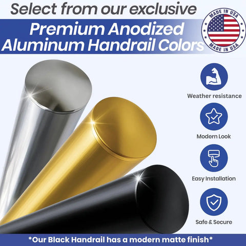 Killer 3 Feet Aluminum Handrail Kit For Indoor Stairs With Adjustable Steel Brackets And Rock Solid Connectors For No Sweat DIY Setup, showing premium anodized colors.