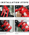 Installation steps for adjustable roll bar fire extinguisher mount holder with American flag pattern strap for cars and trucks.