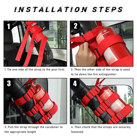 Installation steps for adjustable roll bar fire extinguisher mount holder with American flag pattern strap for cars and trucks.