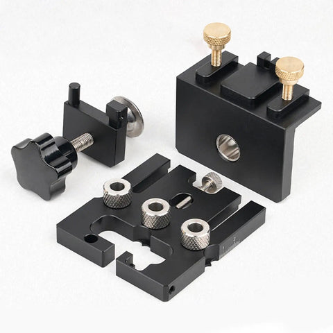 Rock Solid Precision 3 In 1 Doweling Jig Drill Guide For Reliable Furniture Assembly Heavy Duty Aluminum And Brass Woodworking Aid Fits 15 Millimeter Side Hole Zero Fuss parts layout showing adjustable fixtures and clamps.