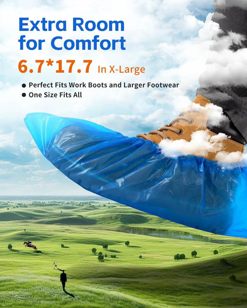 Heavy Duty Disposable Shoe Covers Extra Large 6.7 By 17.7 Inches Thick 0.3 Oz Waterproof Non Slip Booties shown on work boots outdoors.