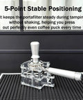 Premium Clear Acrylic Espresso Tamper Station With Adjustable Height And Solid Portafilter Holder for consistent tamping stability.